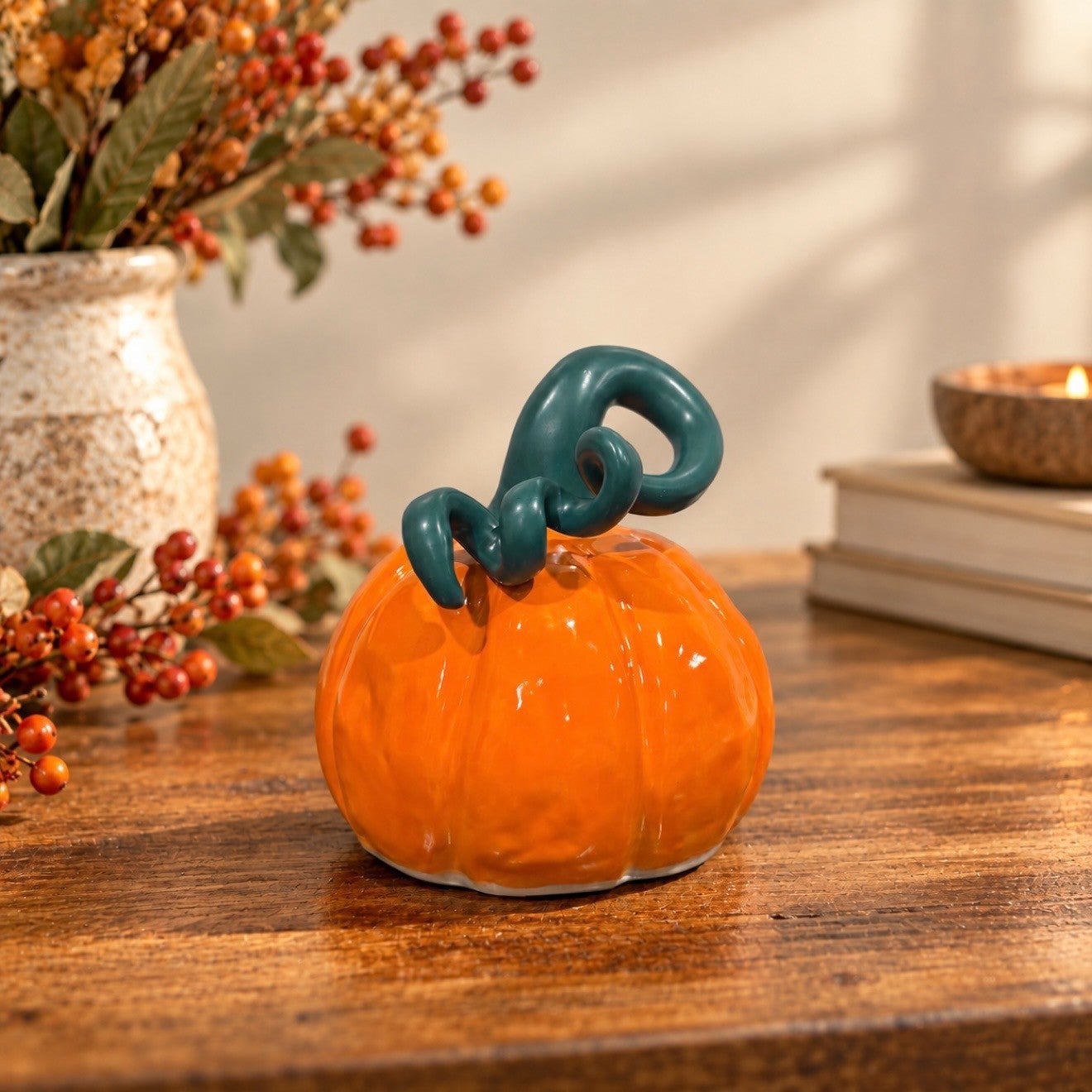 Hand-built one-of-a-kind pumpkin in a warm orange glaze.