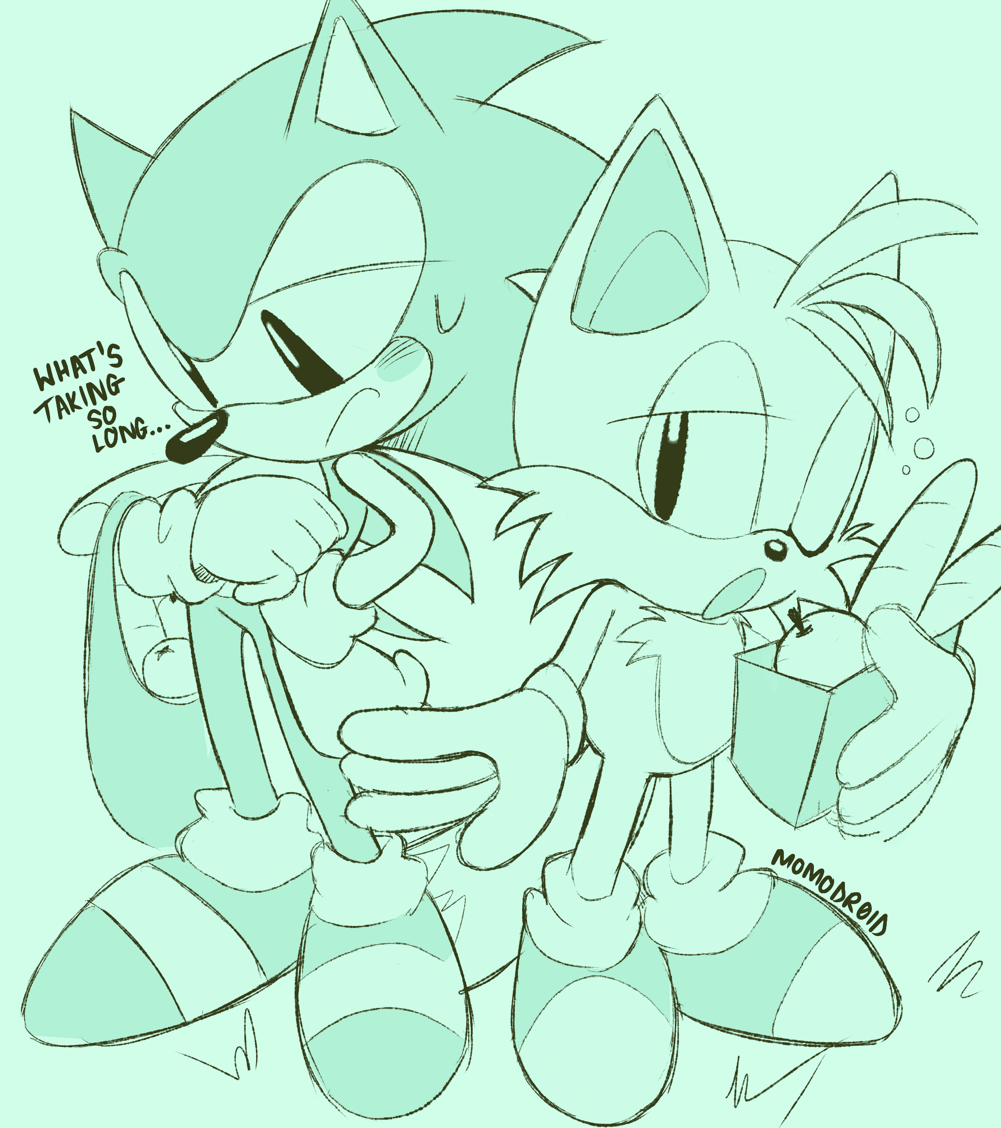 Shopping run, Sketch of Sonic and Tails holding groceries.They are coloured in blue. Their faces appear to be exhausted and impatient. They're waiting for the bus