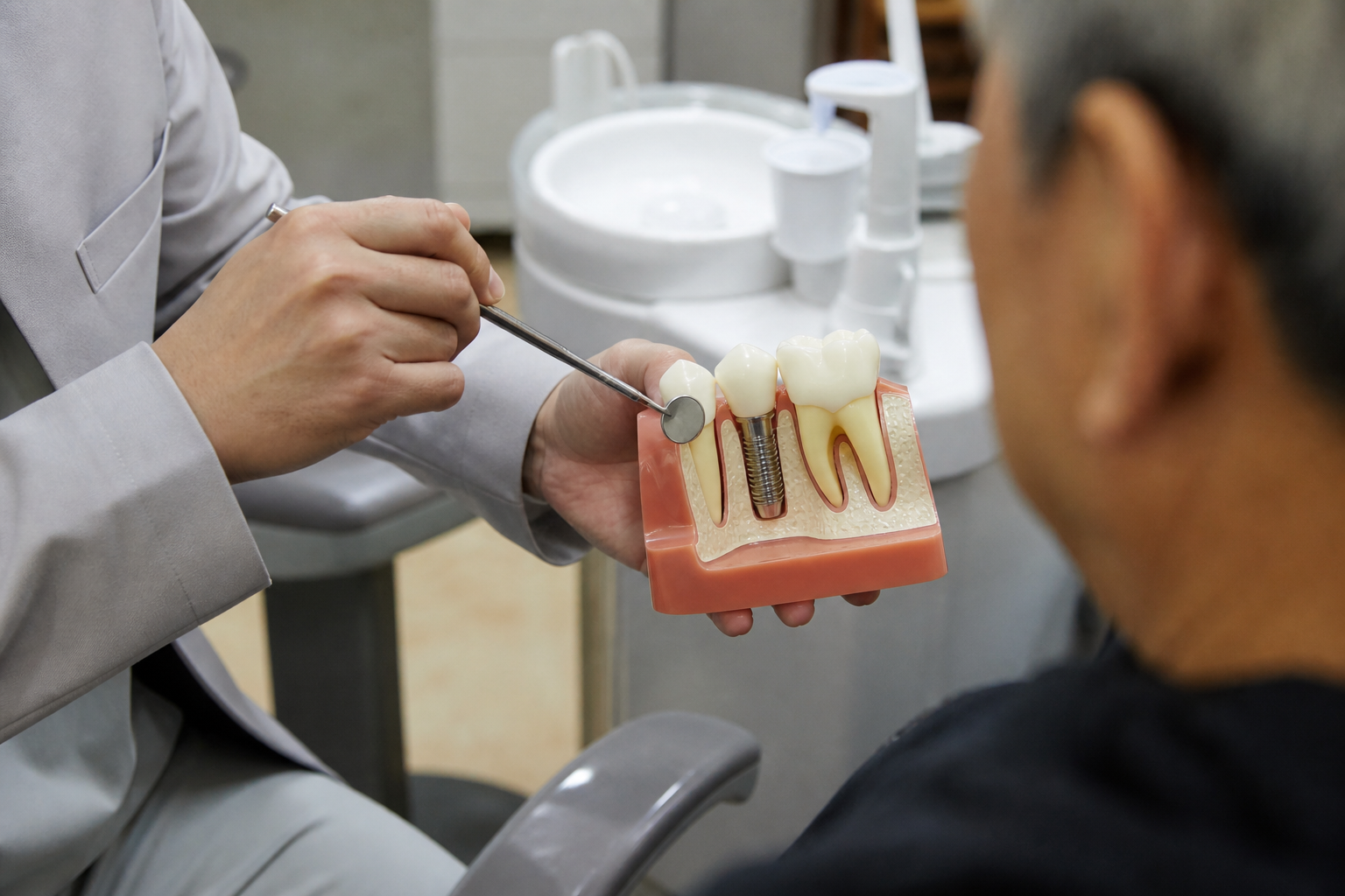 진료실에서 치아 모형으로 보험 적용 임플란트 위치를 설명받는 70대 남성