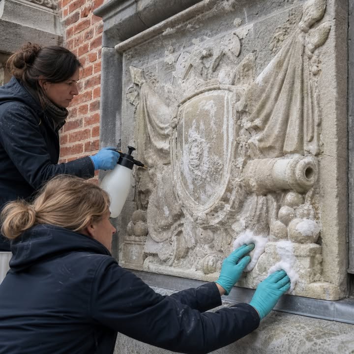 Deux femmes en gants nettoient une sculpture en pierre représentant un blason et des figures, sur un mur de brique.