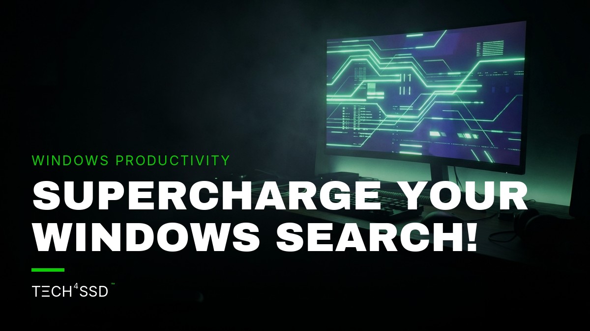 A glowing magnifying glass icon over a futuristic, data-rich computer screen, symbolizing enhanced Windows Search Performance.