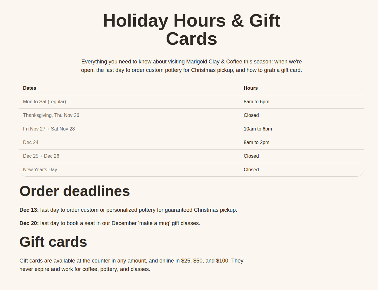 Holiday hours and gift cards page with an hours table, order deadlines, and gift card info