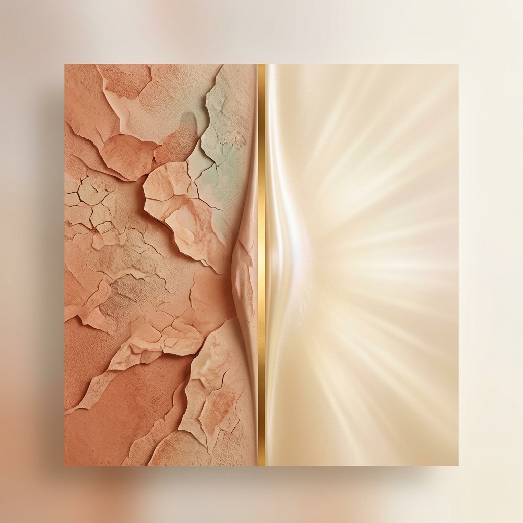 Side by side skin texture comparison showing Day 4 compromised barrier versus Day 28 smooth luminous recovered skin
