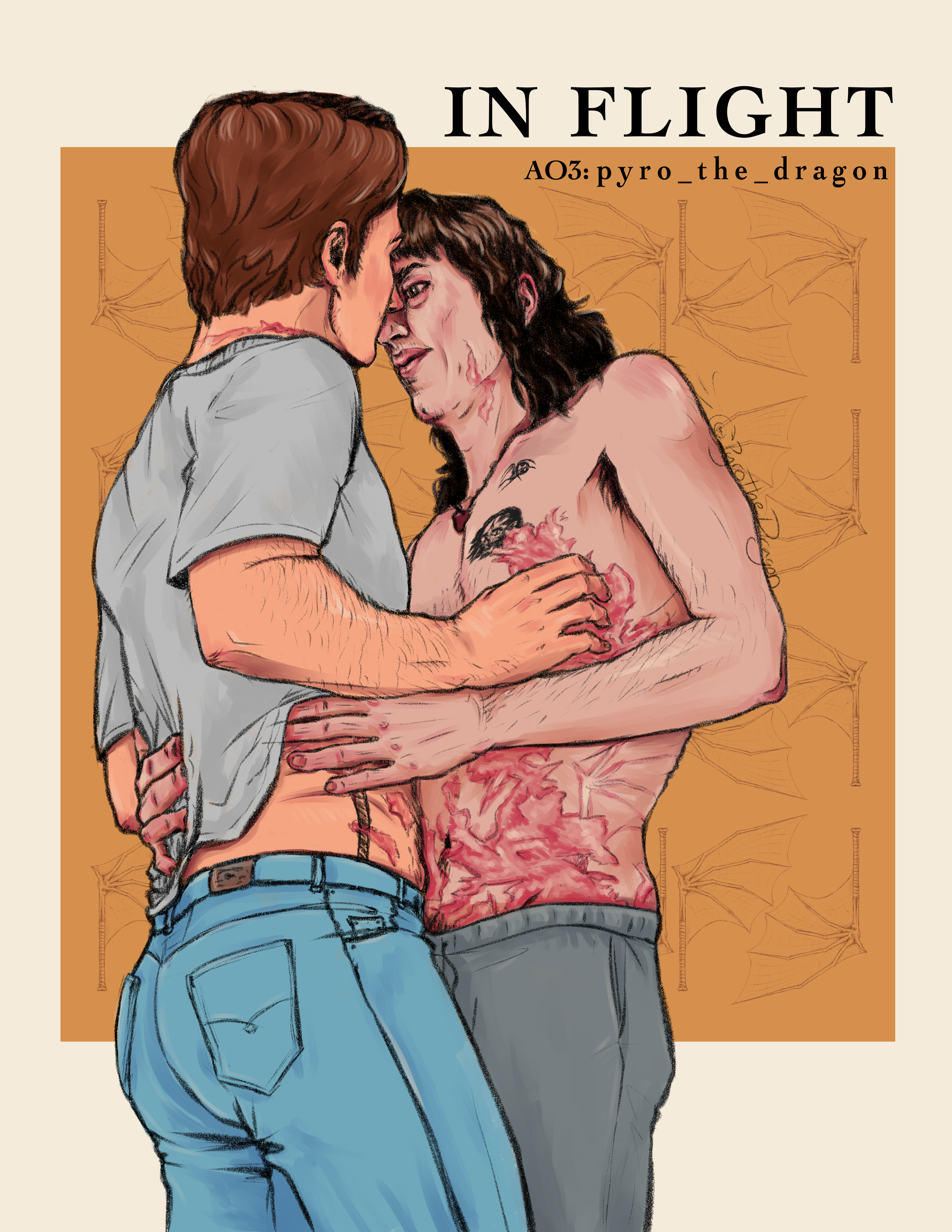 Digital illustration of Steve Harrington and Eddie Munson. They are holding each other in their arms and Eddie's hand lifts Steve's shirt to show a inky black soulmark of a baseball bat handle that turned into a scarred bat wing. Eddie is shirtless, covered in thick scarring, with his own soulmark damaged, showing only the scarred bat wing on his side.
