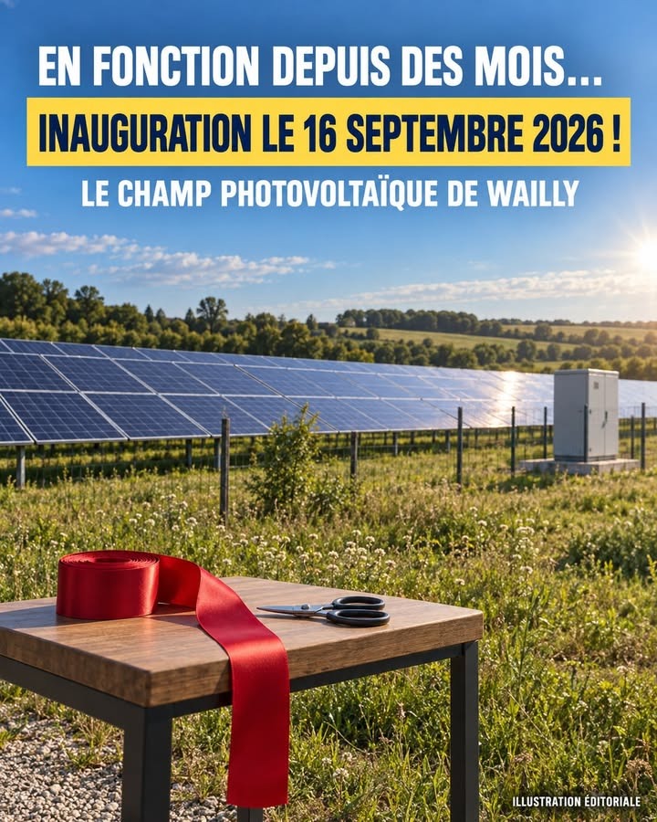 Un champ photovoltaïque étendu sous un ciel bleu, avec une table en bois portant un ruban rouge et des ciseaux au premier plan.
