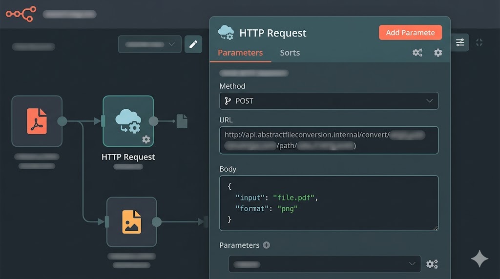 n8n HTTP Request node configured to call the ConvertFleet PDF to Excel API