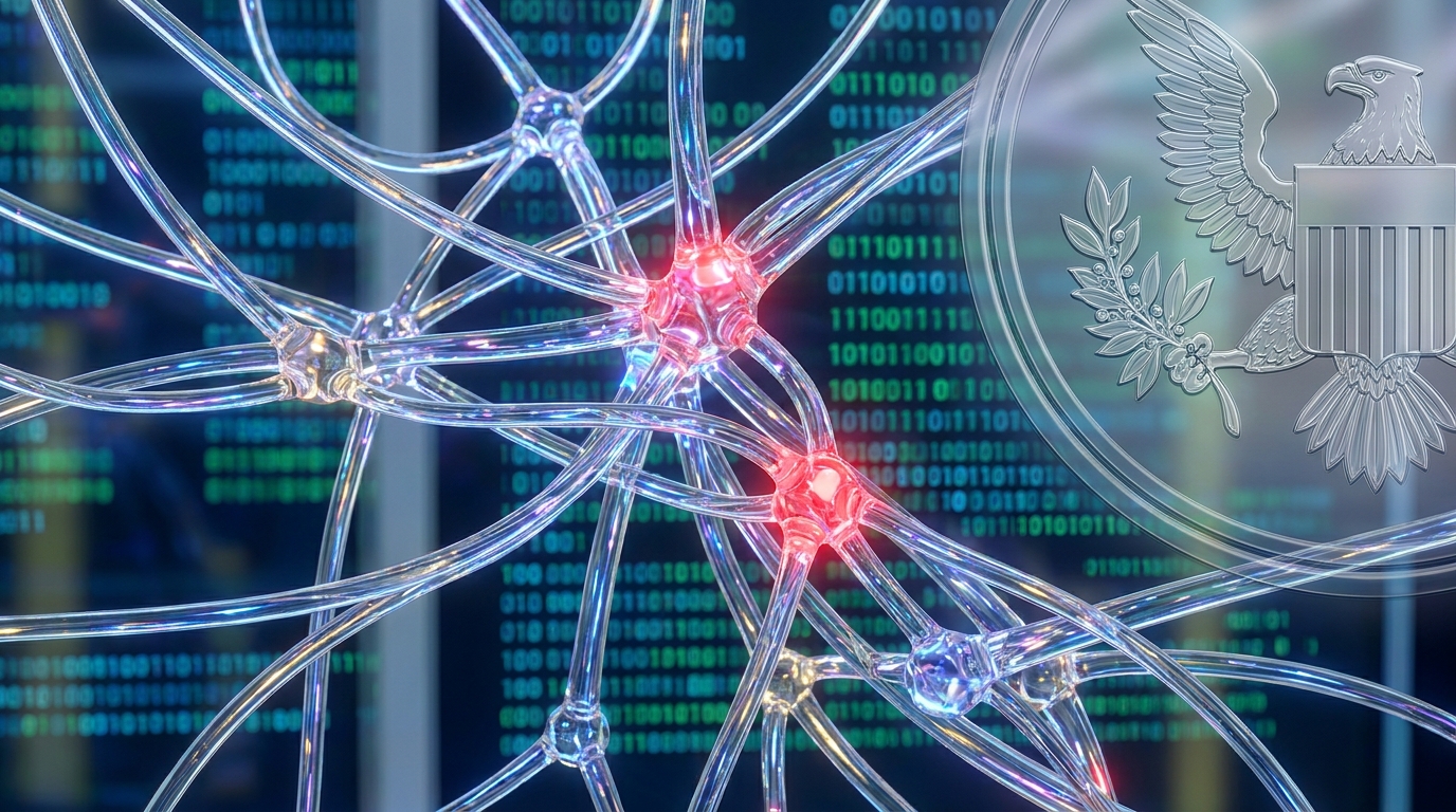 Digital neural network with red safeguard nodes and government seal, illustrating Claude Fable 5's security and regulation.