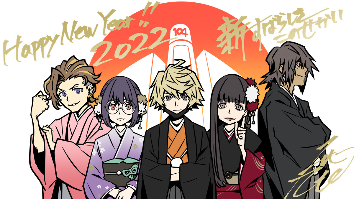 Official art of Furesawa, Usui, Kanade, Sakurane, and Minamimoto wearing kimono for New Year's. Minamimoto has his head turned to his left, with his right earring clearly visible.