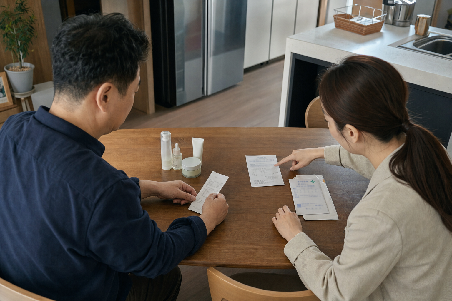 화장품 환불 자료와 피부 트러블 진료비 자료를 나눠 확인하는 장면