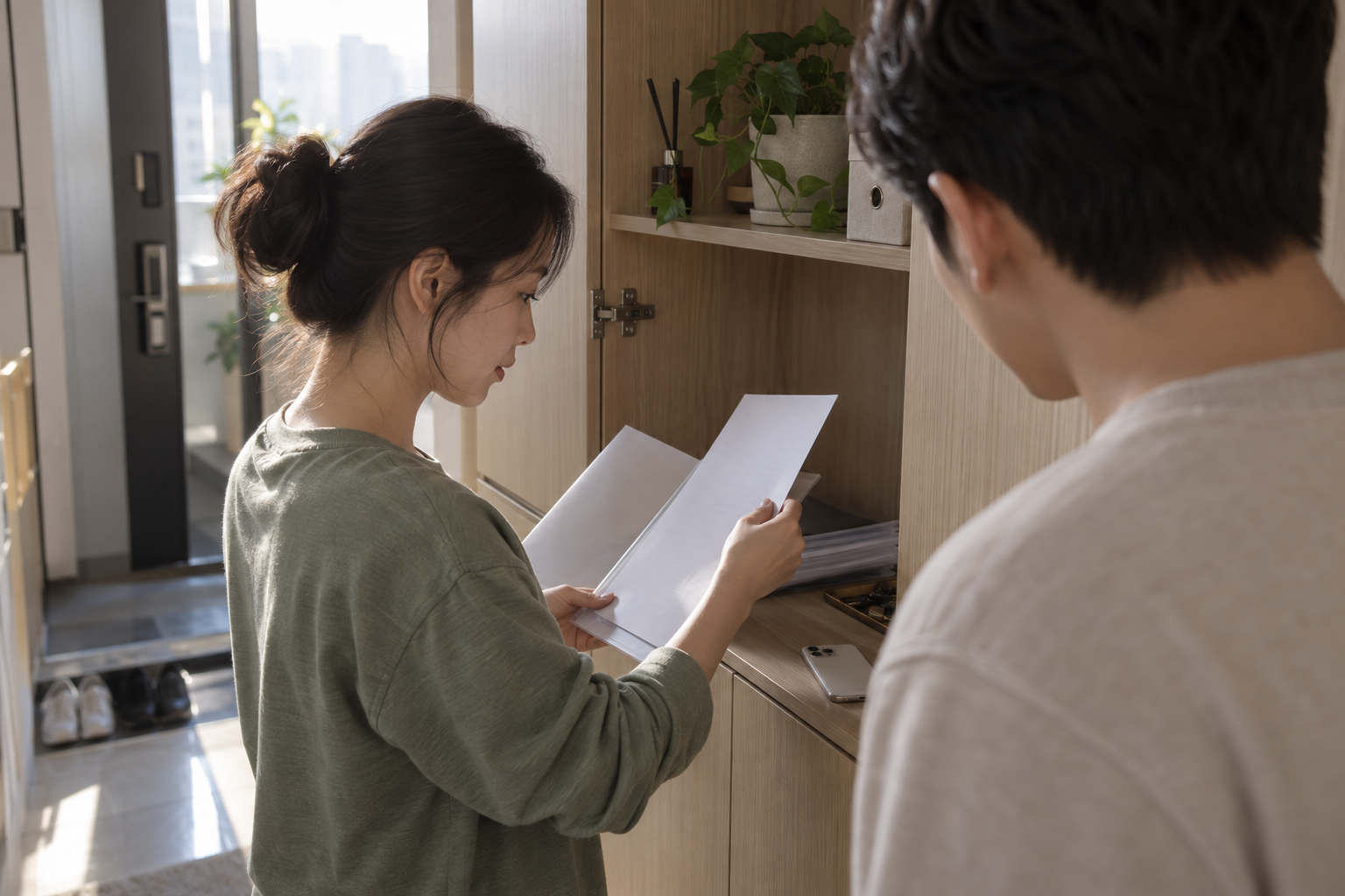 계약취소 사유를 확인하기 위해 가입 당시 보관 서류를 찾는 설명용 장면