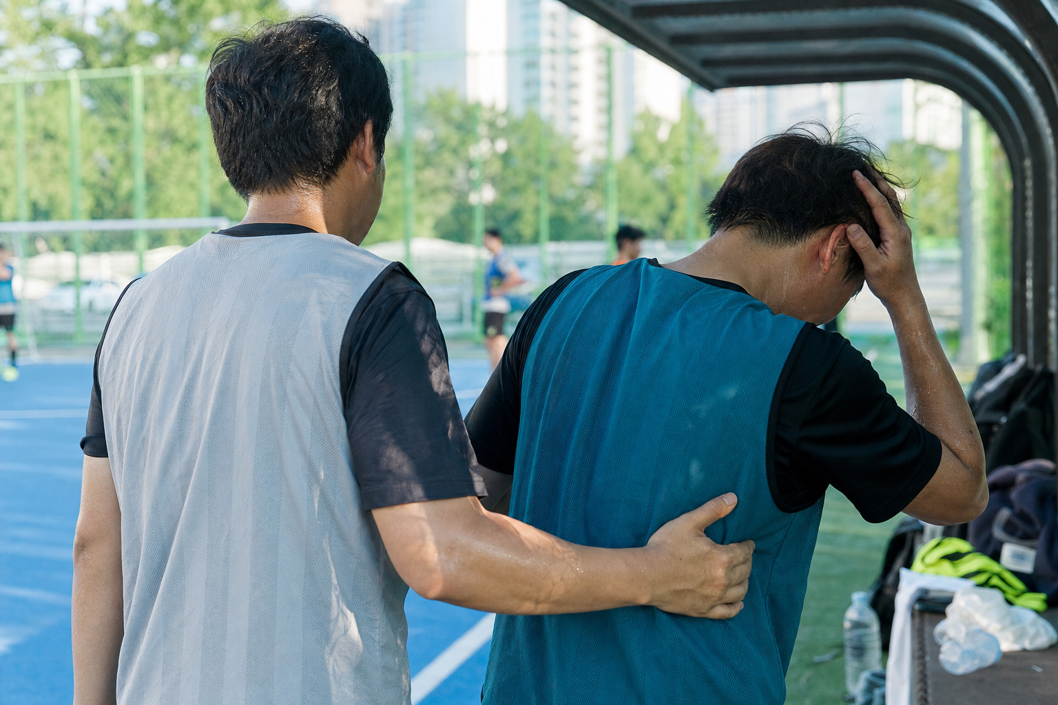 경기 중 두통과 어지럼을 느낀 참가자가 즉시 그늘로 이동하는 장면