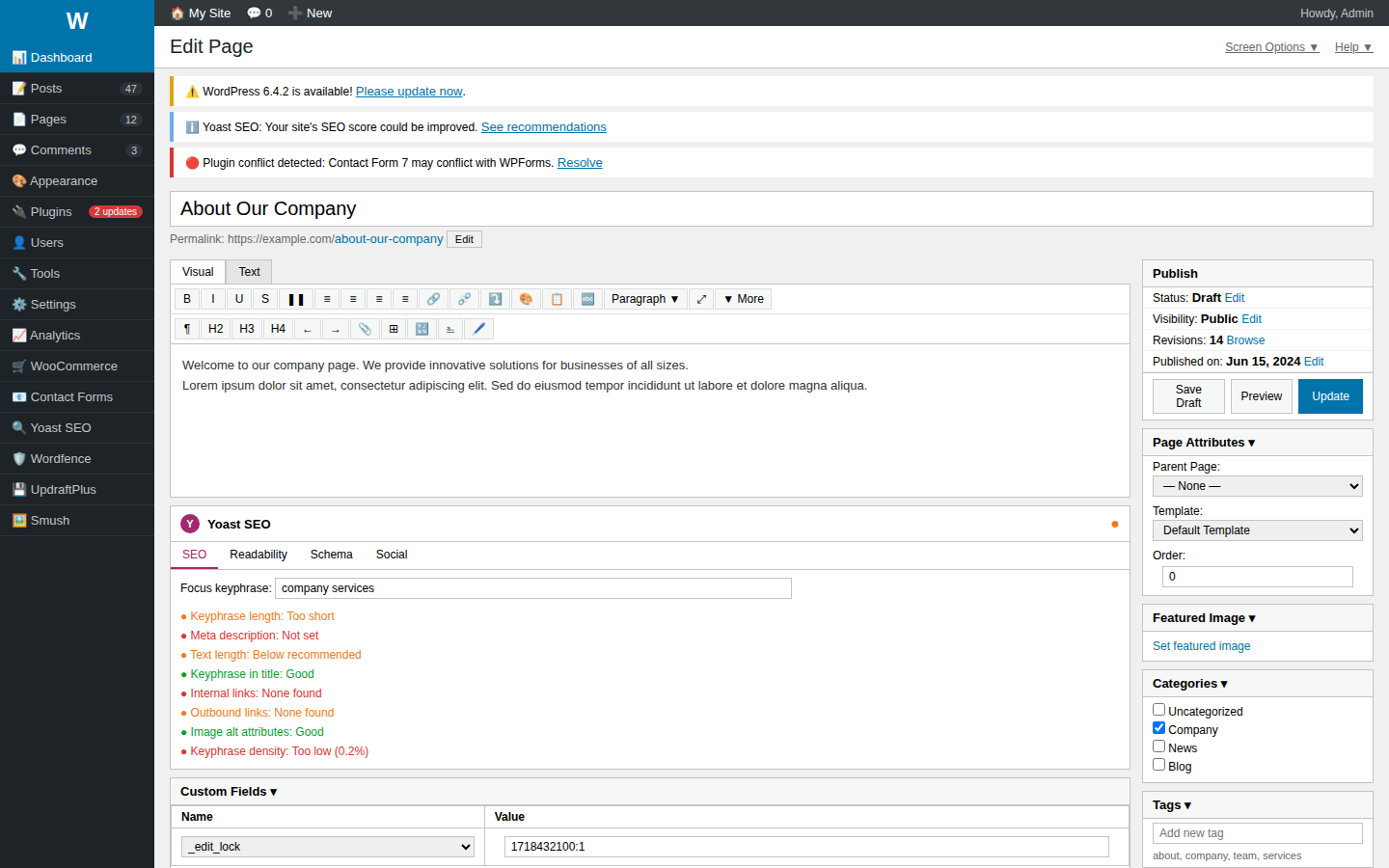 WordPress dashboard showing a cluttered editing interface with many menus and options