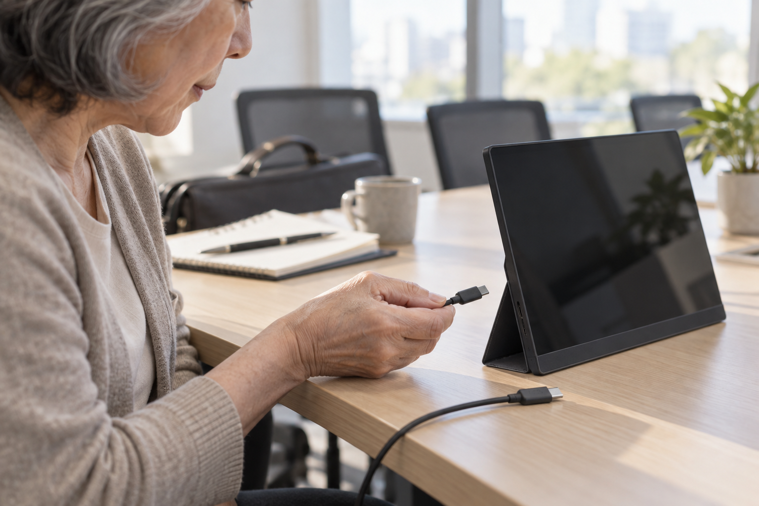 다른 연결 조건을 유지한 채 USB-C 케이블 하나를 바꿔 확인하는 설명용 장면
