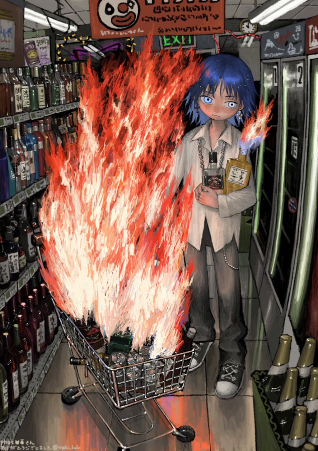 Girl in supermarket with a cart full of flammable alcohol. She looks annoyed