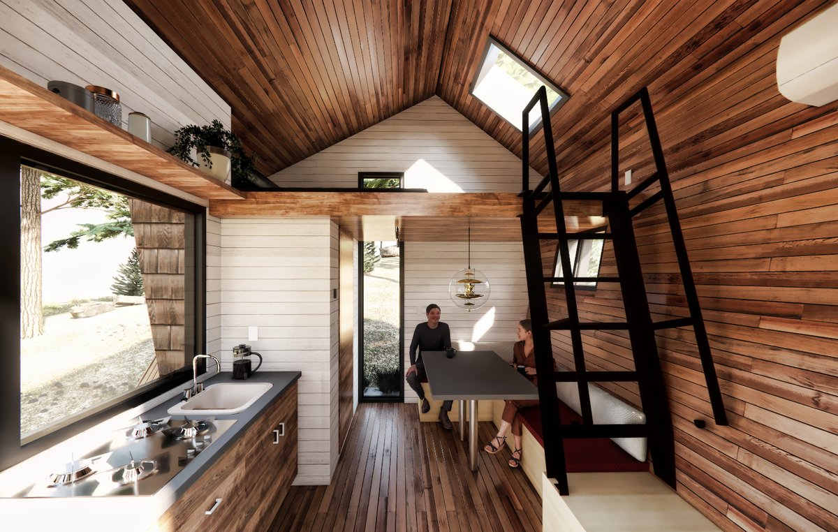 B.ende cabin interior showing threshold transition from compressed entry to open living space