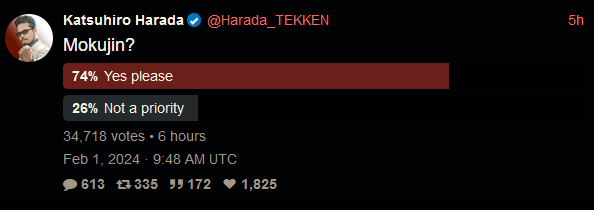 Twitter poll where Katsuhiro Harada asks the public about Mokujin ; 74% in favor 26% against