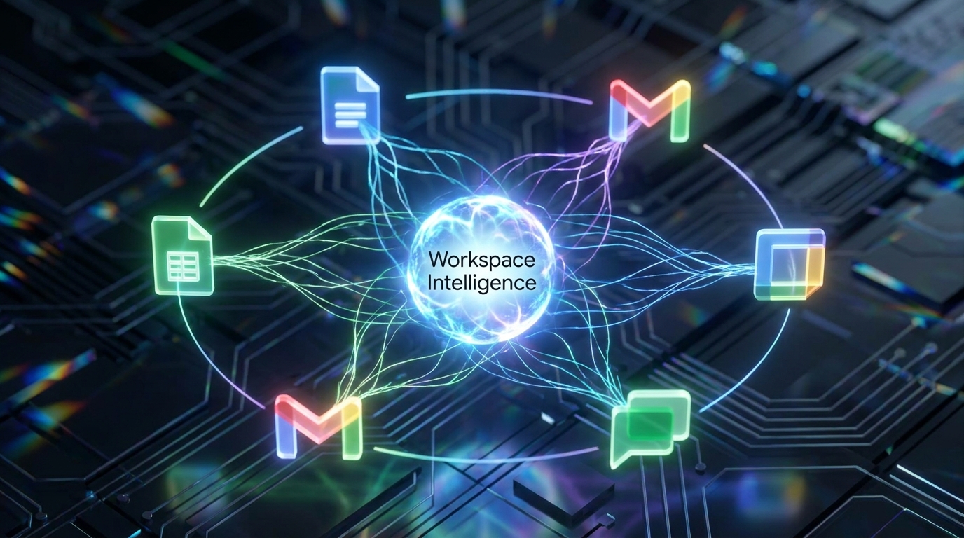 Conceptual image showing data flow and integration between Google Workspace apps and Workspace Intelligence, powering agentic workflows.