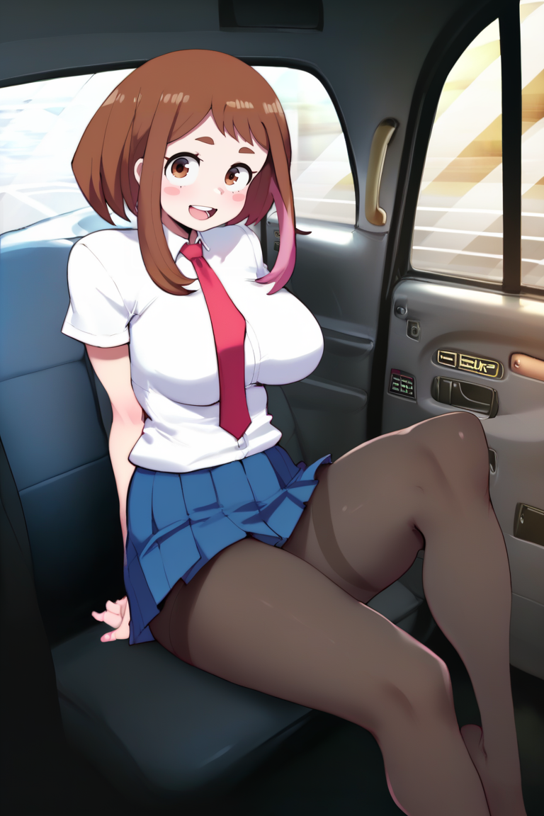 A picture of Ochako Uraraka, a superhero, brown hair, bright smile, wearing a school uniform, she is kind and introverted, also very cheerful, she's completely willing to pay with her body if asked.