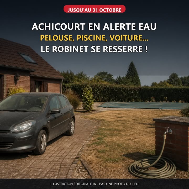 Une voiture grise est garée devant une maison en brique, avec une pelouse sèche, une piscine couverte et un tuyau d'eau enroulé près d'un mur.