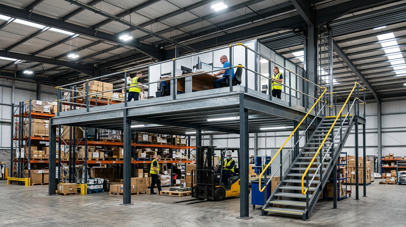 Freestanding steel mezzanine platform with stairs and safety handrails