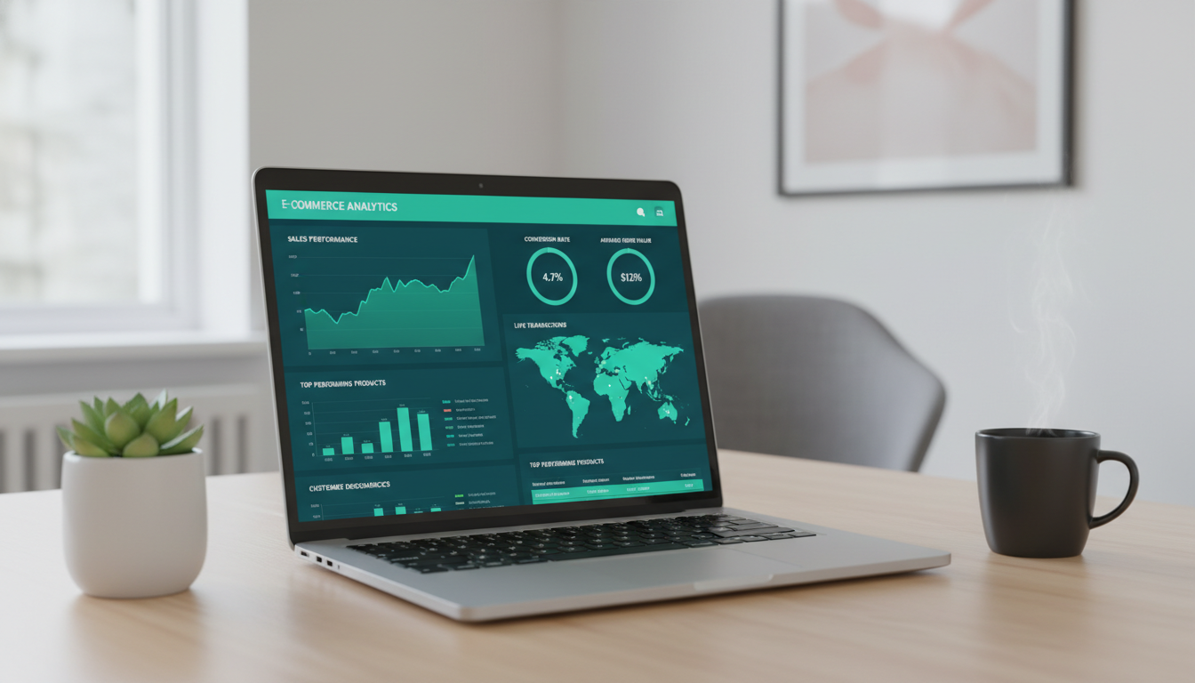 Modern e-commerce analytics dashboard met real-time verkoopdata en conversie metrics
