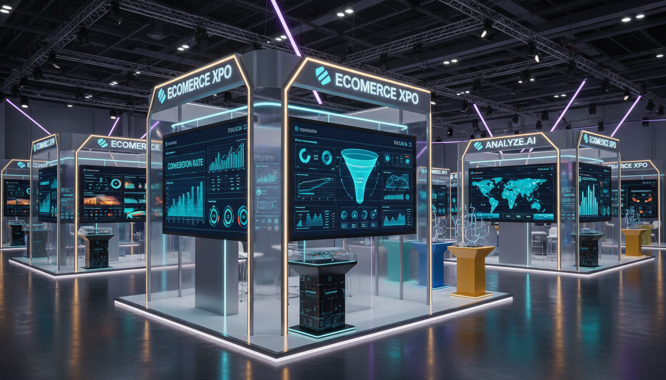 Moderne e-commerce technologie met dashboards en data visualisaties op een vakbeurs