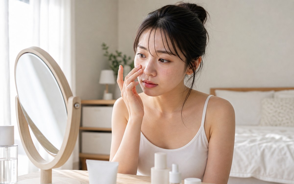 メイク前に小鼻まわりや頬の肌質感が気になる女性