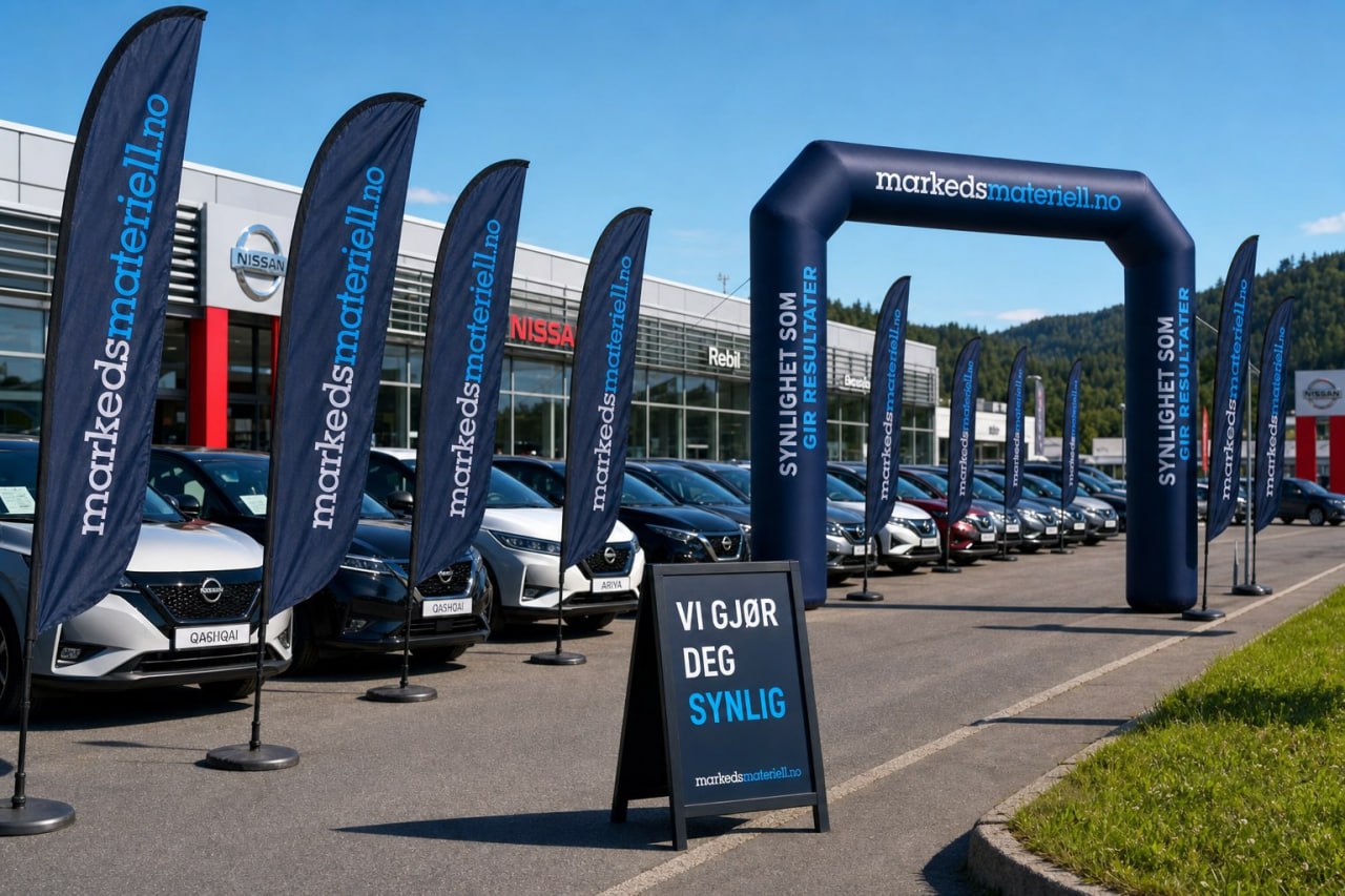 Nissan bilforhandler med rekke beachflagg og oppblåsbar bue fra markedsmateriell.no