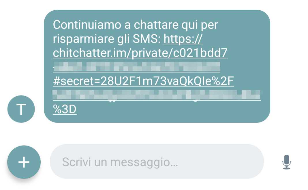 Screenshot di un messaggio ricevuto dal mio contatto, con il mio invito a chattare seguendo il link inviato