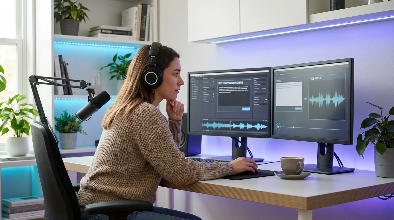 Content creator using an AI voice generator interface to produce audio, showing accessibility for everyday creators.