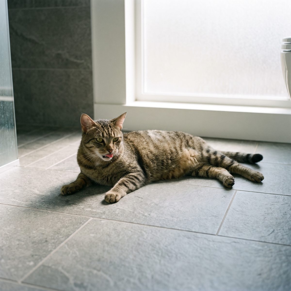 Chat aplati sur le carrelage frais de la salle de bain