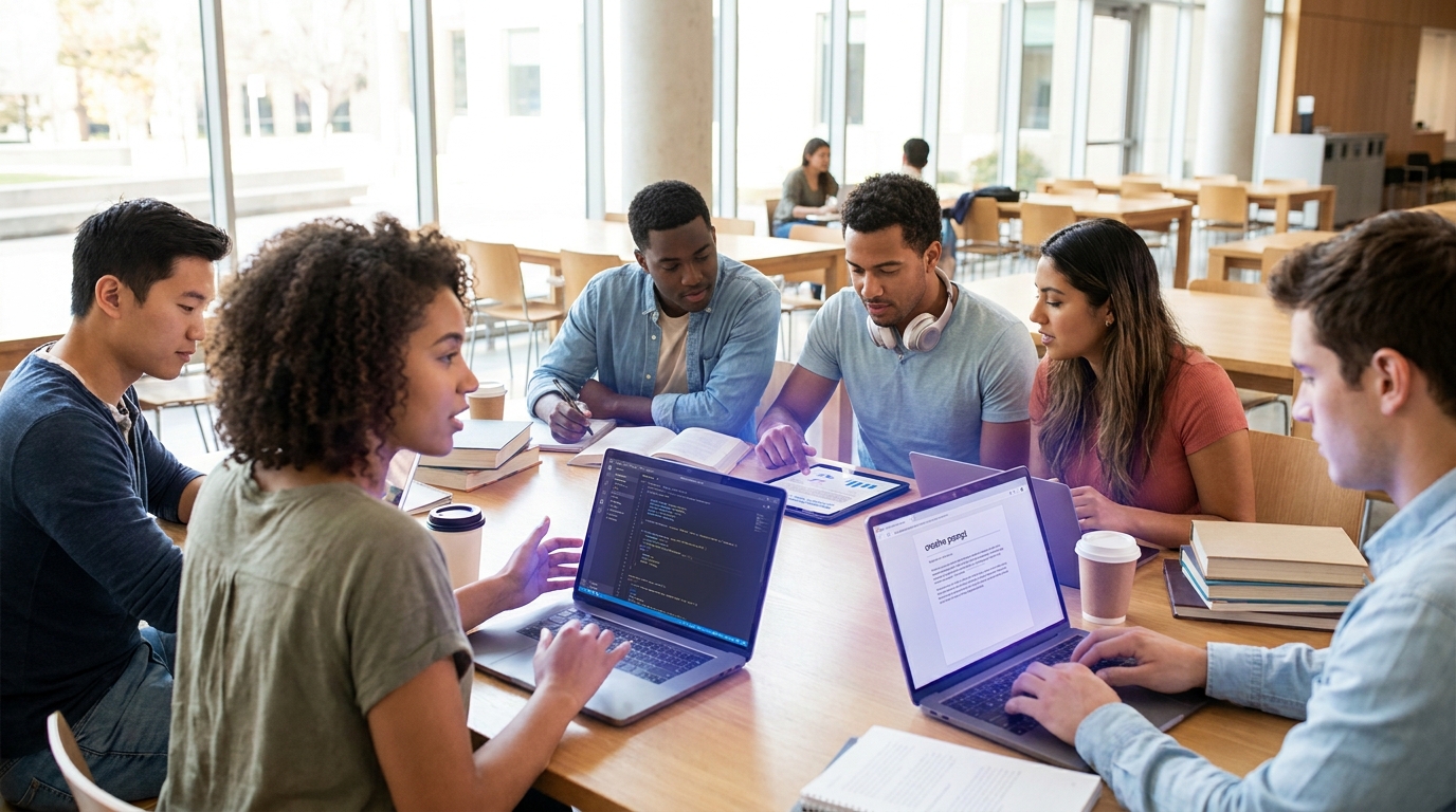 Students using free AI tools for students in a collaborative study environment.