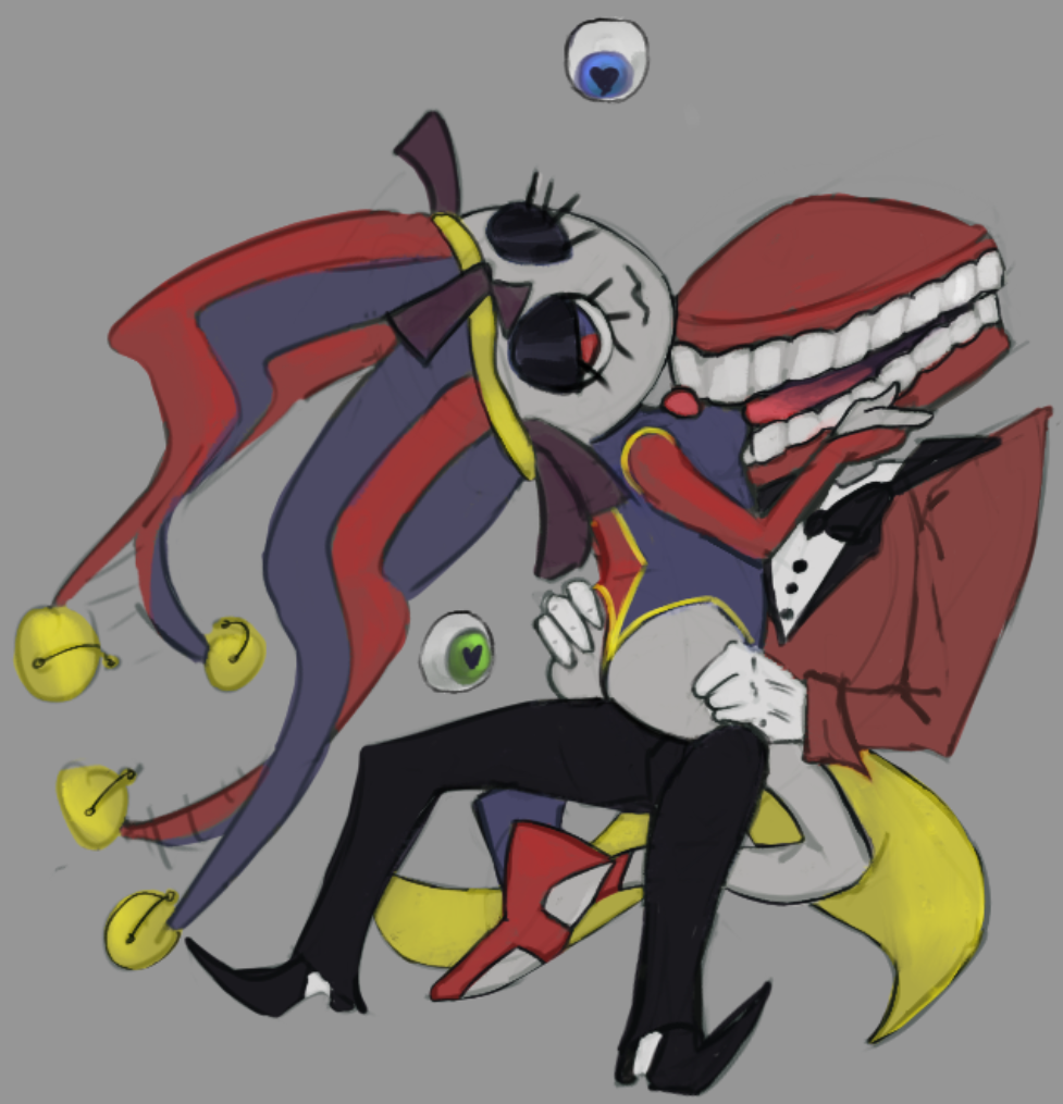 Pomni rides Caine, clothed, while he bites her chest