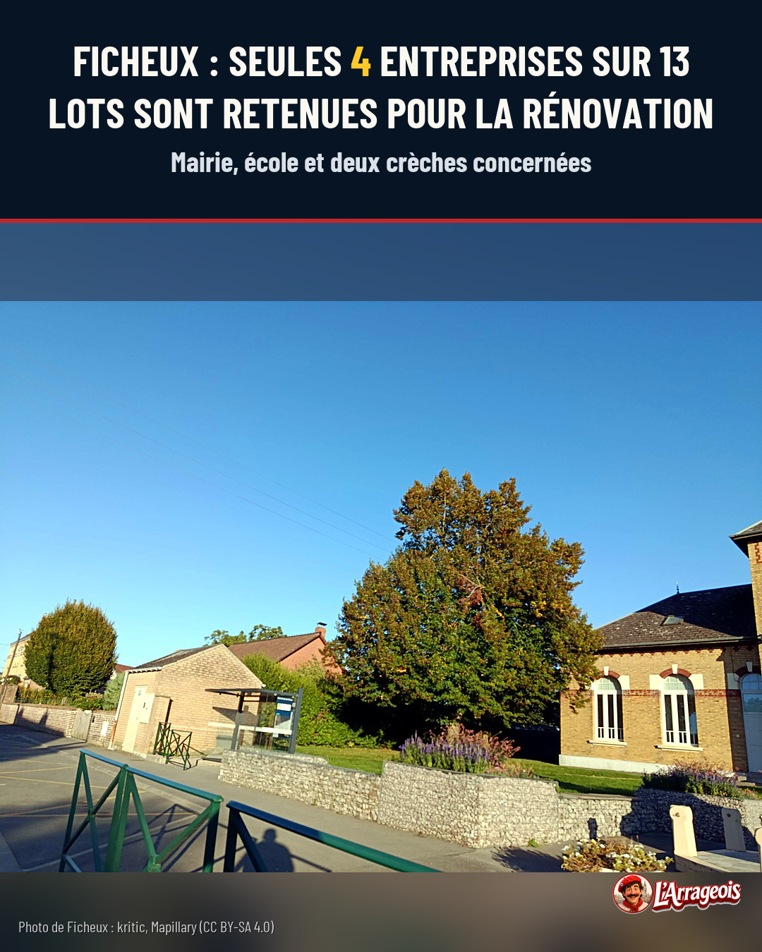 Vue d'un bâtiment en brique avec des fenêtres à volets, un grand arbre et un mur en pierre, sous un ciel bleu.