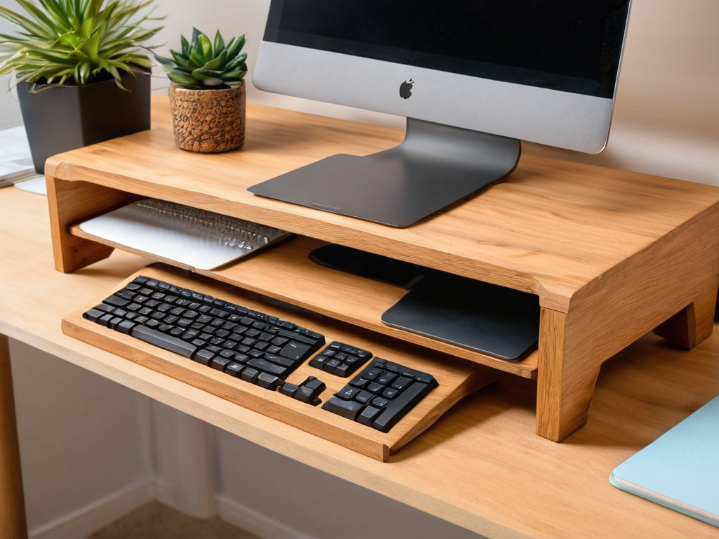 Wooden monitor riser on a desk