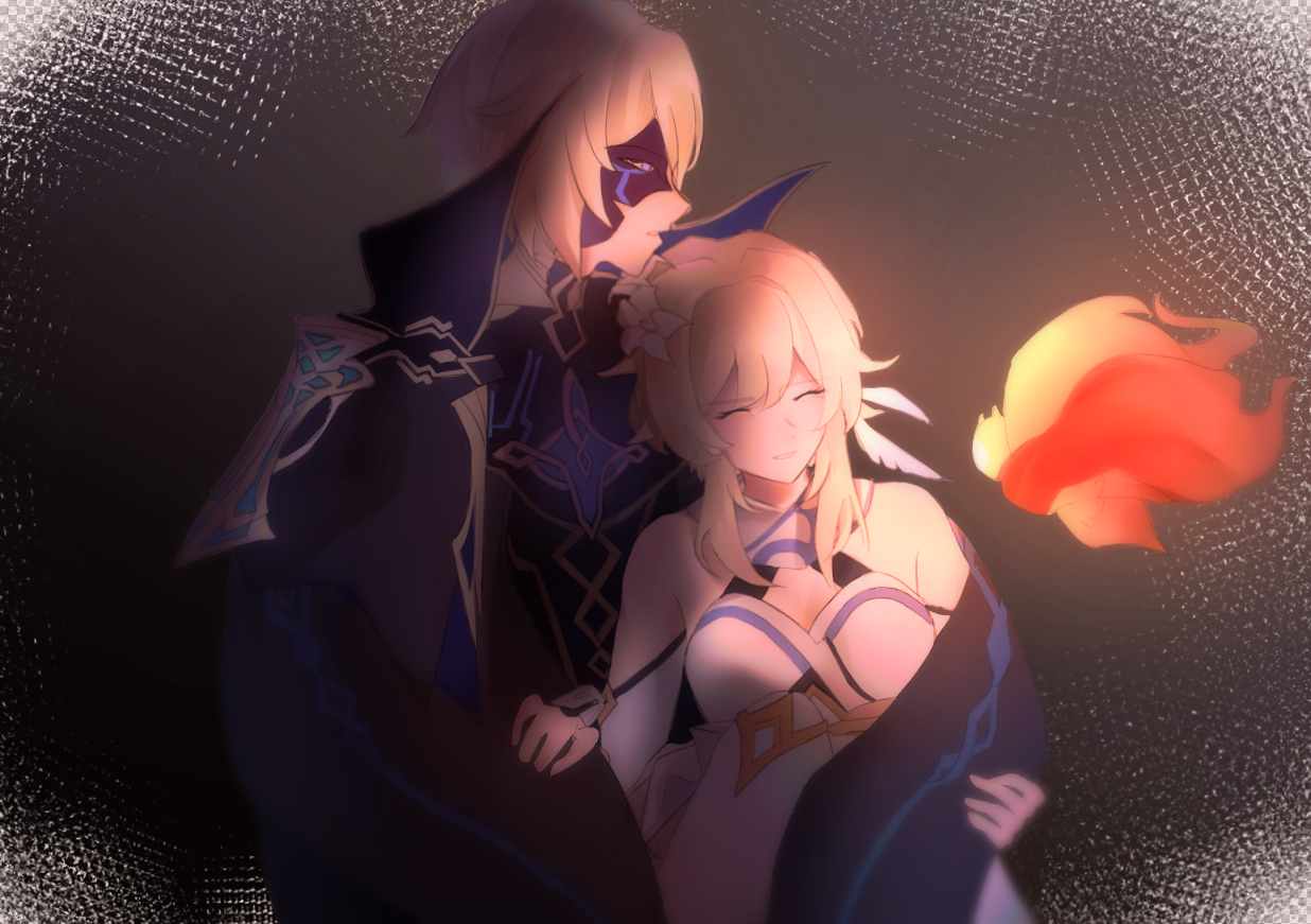 Dainsleif wrapping Lumine with his cape as a Seelie floats around them