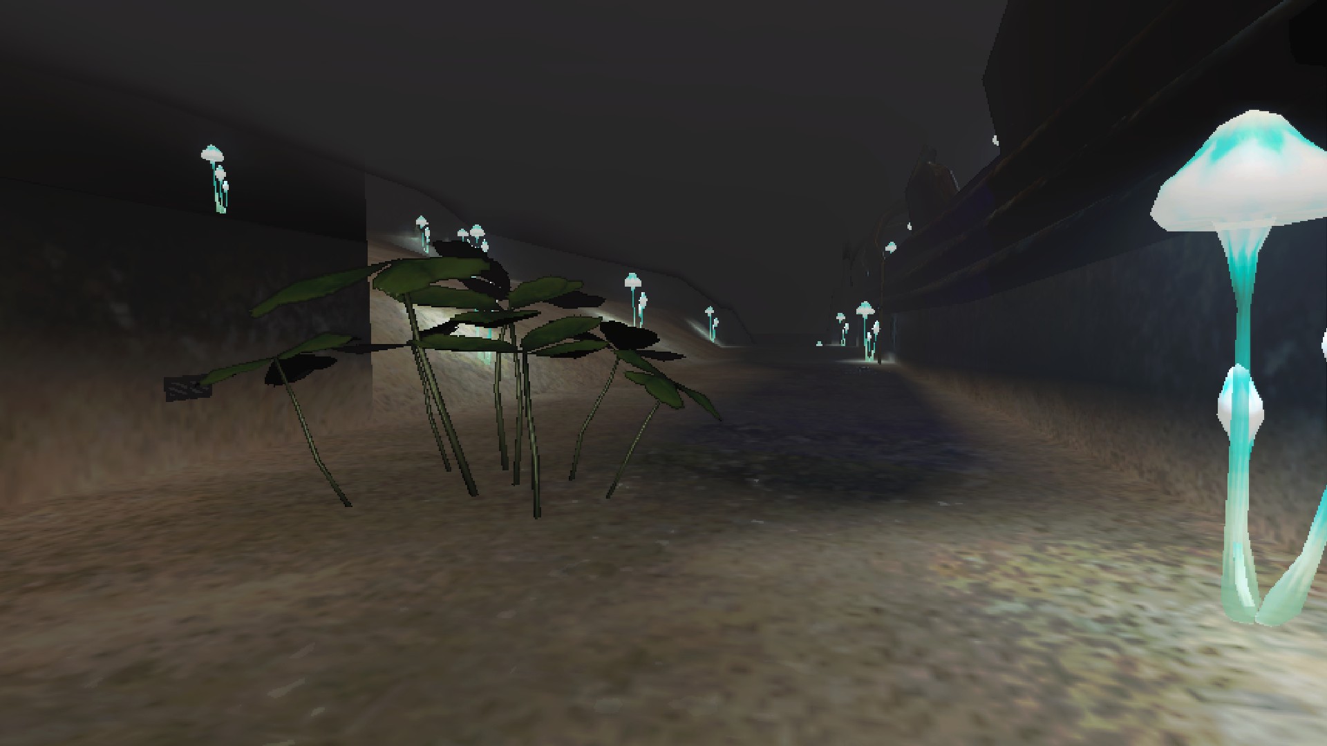A large pipe-lined room with a stream running down it. Glowstems line it, and a clover is in the foreground.