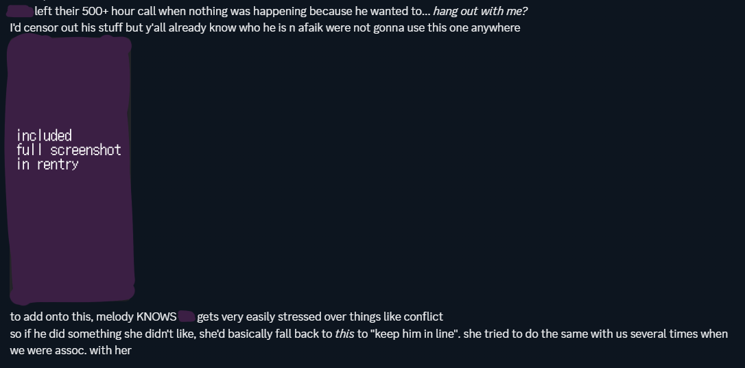 another statement of melody's extremely guilt trippy and aggressive behavior upon being away from her "close group of people" for even a second