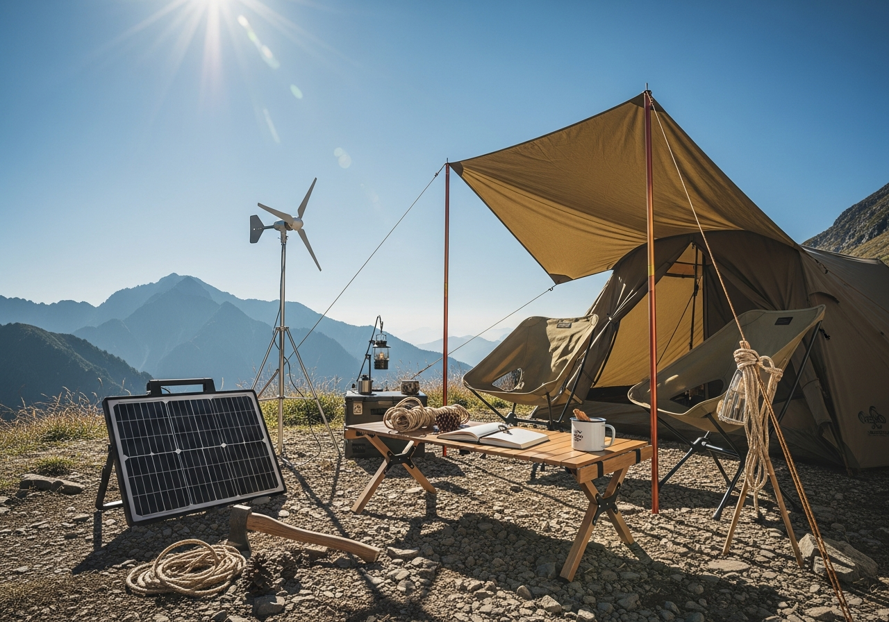 太陽能與小型風力發電雙能互補露營情境