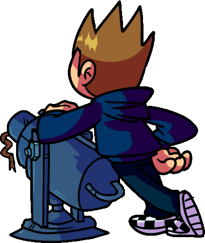 A GIF of Tom from Eddsworld as featured in a Friday Night Funkin' mod themed around Eddsworld called Challenge Edd. He is leaning on a floor-mounted gunning weapon, presumably a harpoon gun.