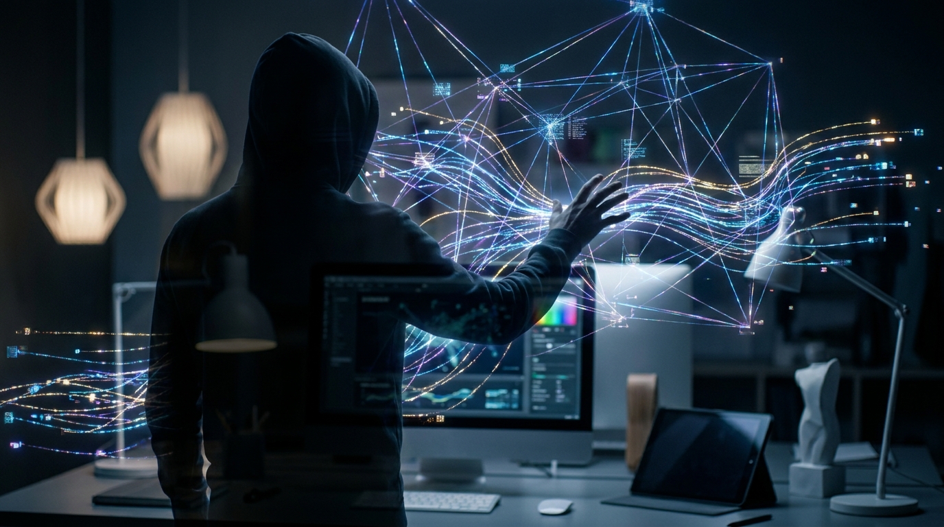 Abstract network representing integrated AI workflows, with a human silhouette guiding the process, symbolizing the creator's central role in the AI stack.