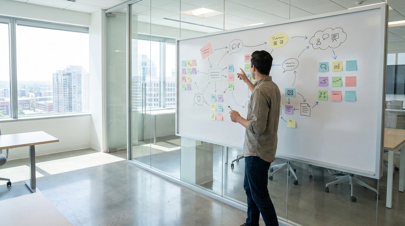 Person planning a GPT-Live voice assistant's user journey on a whiteboard.