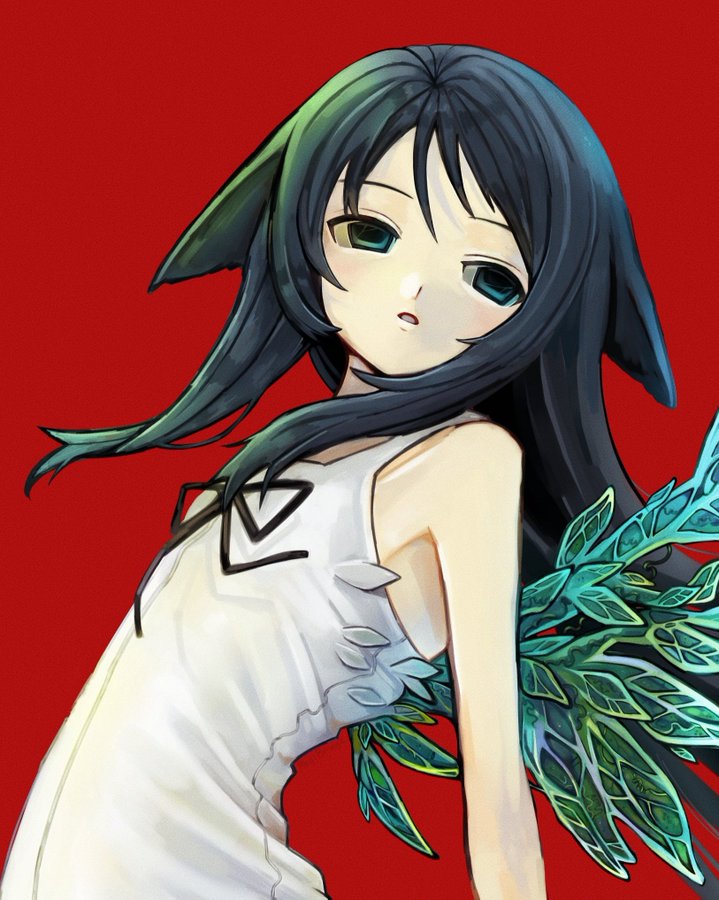 Young girl in a white dress leaning back, rolling her eyes like a brat, crystalline green leaf-shaped wings sprouting out from her back