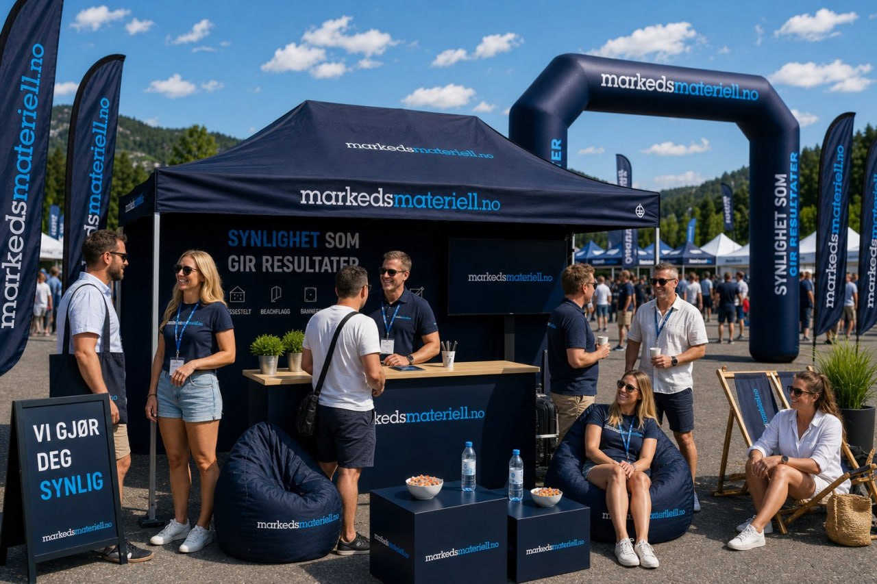 Branded stand med folk fra markedsmateriell.no på norsk festival – stor synlighet og trafikk