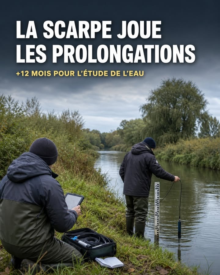 Deux personnes en tenue de pluie mesurent la hauteur d'eau d'une rivière avec un mètre gradué et un sondeur, l'une consultant une tablette.