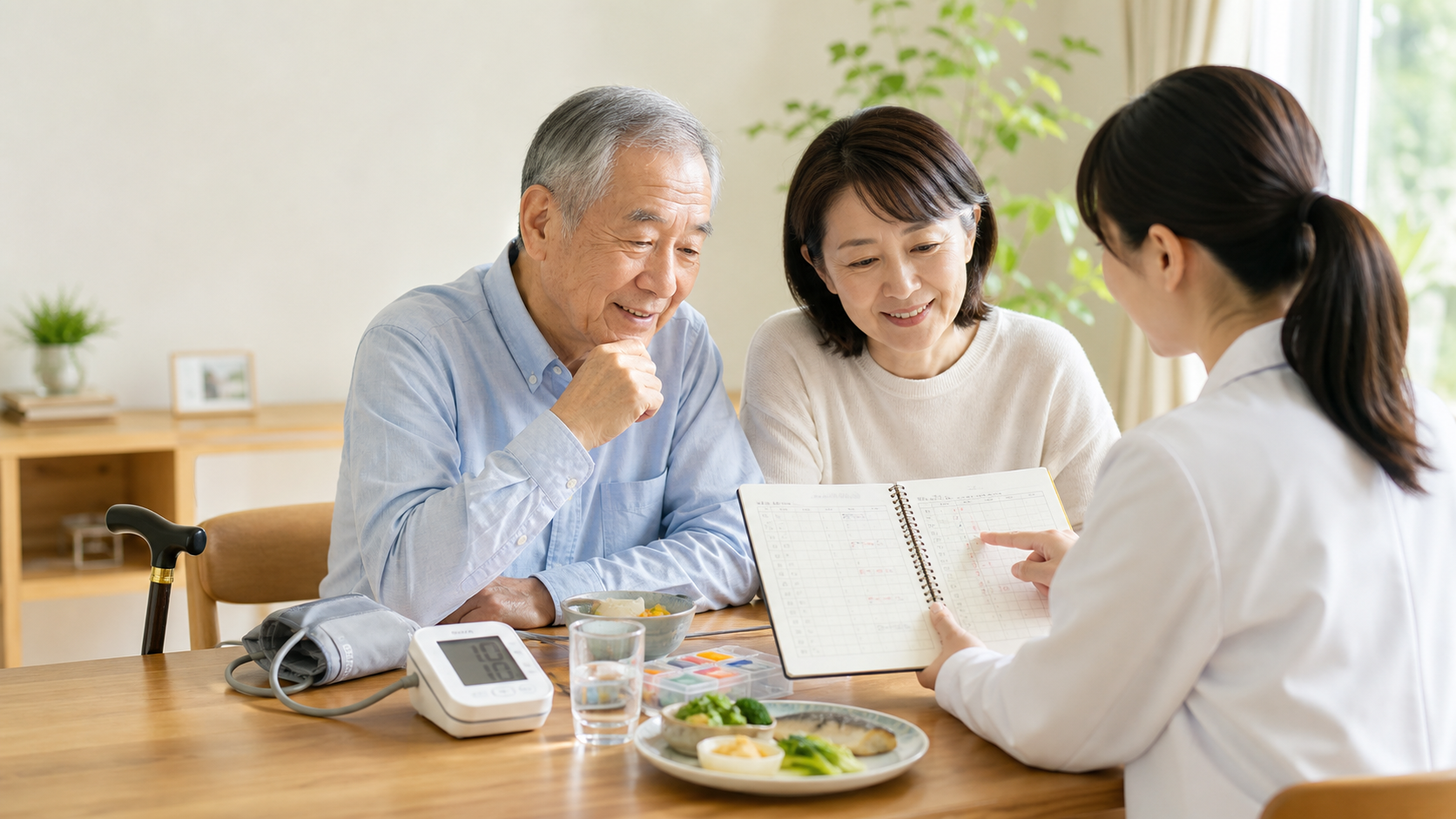 脳卒中後の再発予防で血圧管理と生活習慣を確認する様子