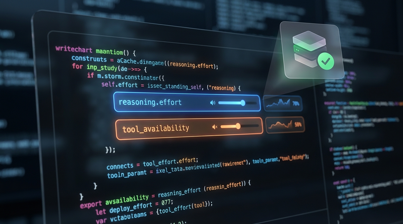 Digital interface showing dynamic adjustment of 'reasoning.effort' and tool availability in an LLM, with a cache indicator showing successful reuse.