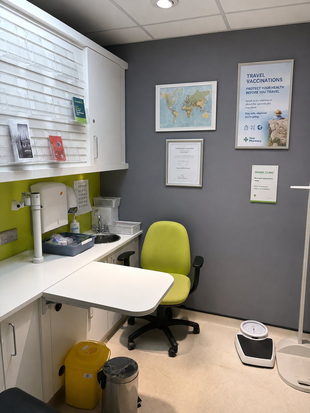 Private travel clinic consultation room at Romford Clinics, Collier Row