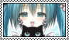 a stamp of hatsune miku holding a black cat. she's wearing glasses and smiling with pink cat whiskers drawn on her