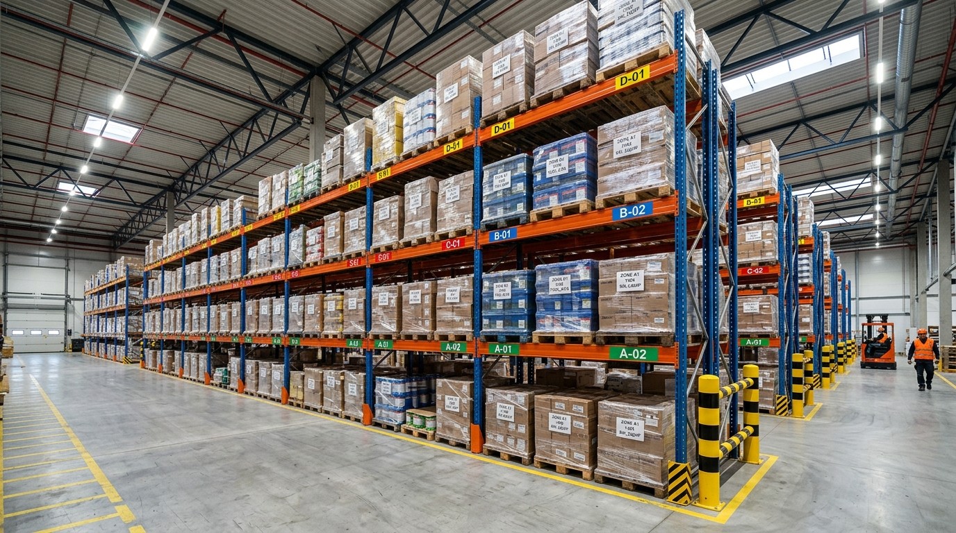 Heavy-duty pallet rack storage zone with organized inventory and forklifts